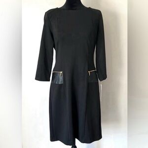 Sharagano Black Faux Leather Pocket Gold Zipper 3/4 Sleeve Dress Women's Size 6